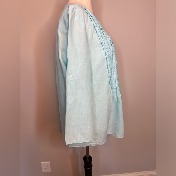 Sz M Chaus Sport light teal 100% linen button front top blouse easy breezy - Picture 5 of 7